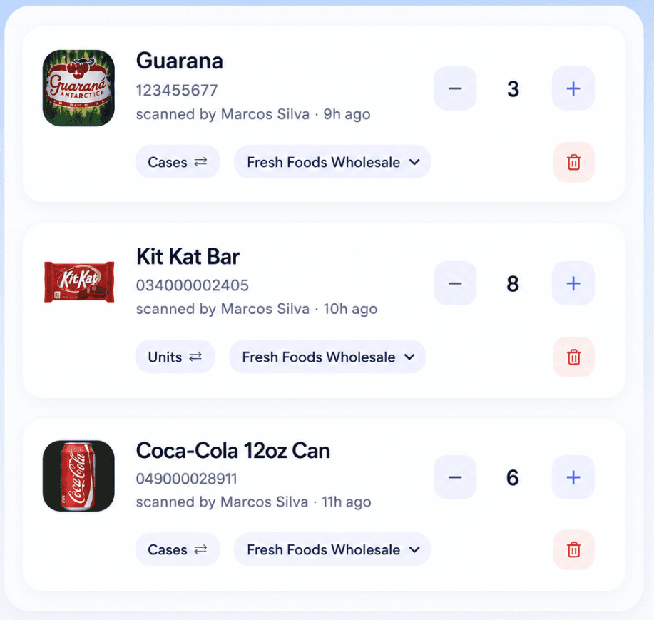 Lista de pedidos de Estoqui mostrando productos escaneados con cantidades, cambio de unidades y asignación de proveedores