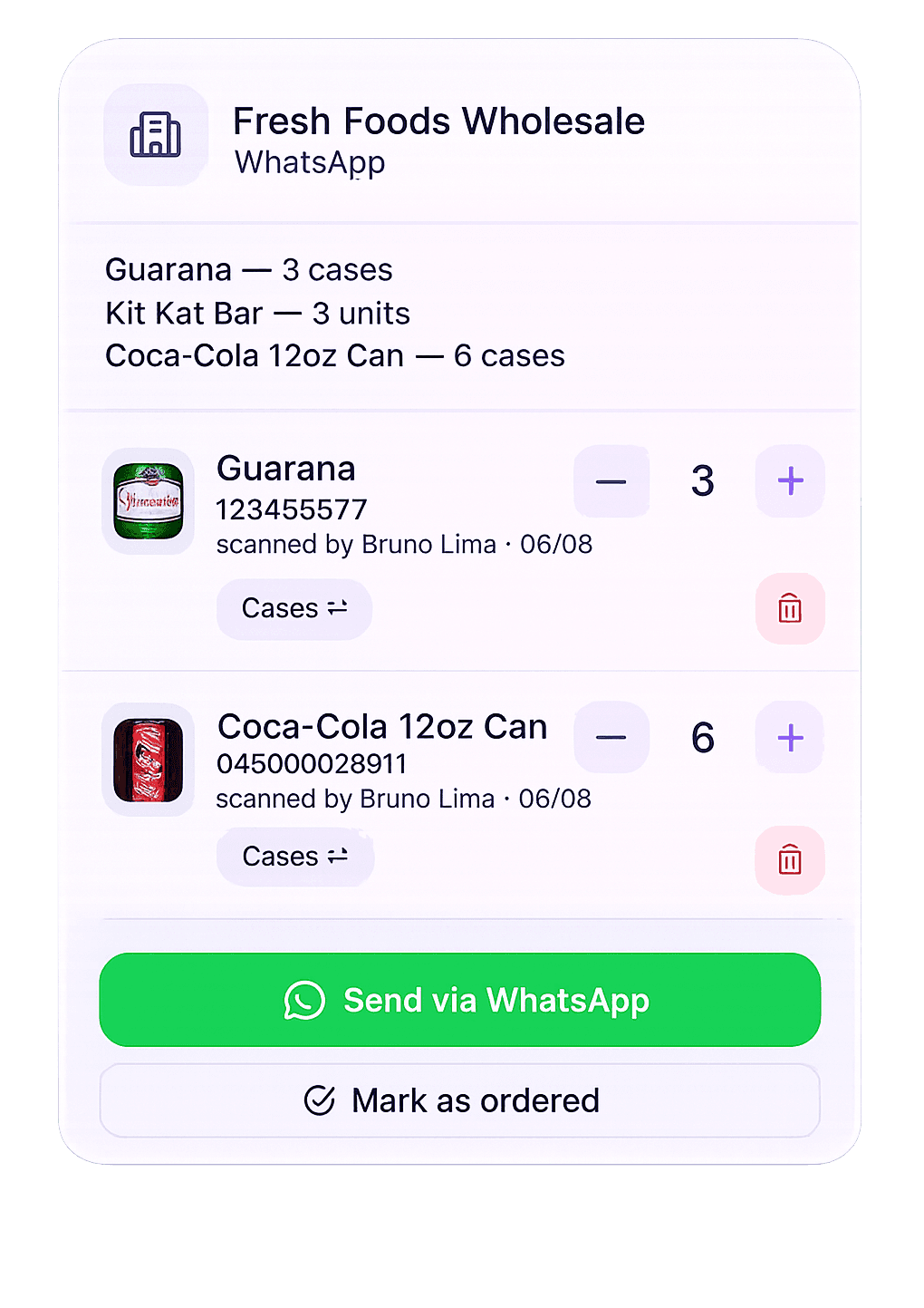 Resumen de pedido al proveedor Fresh Foods Wholesale con un botón Enviar por WhatsApp