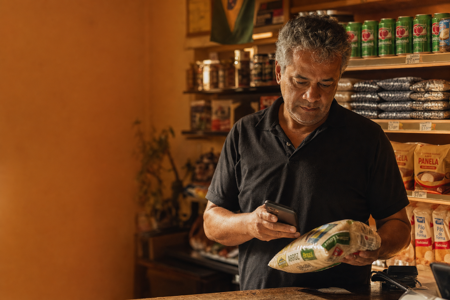Grocery store owner scanning a bag of rice with his phone