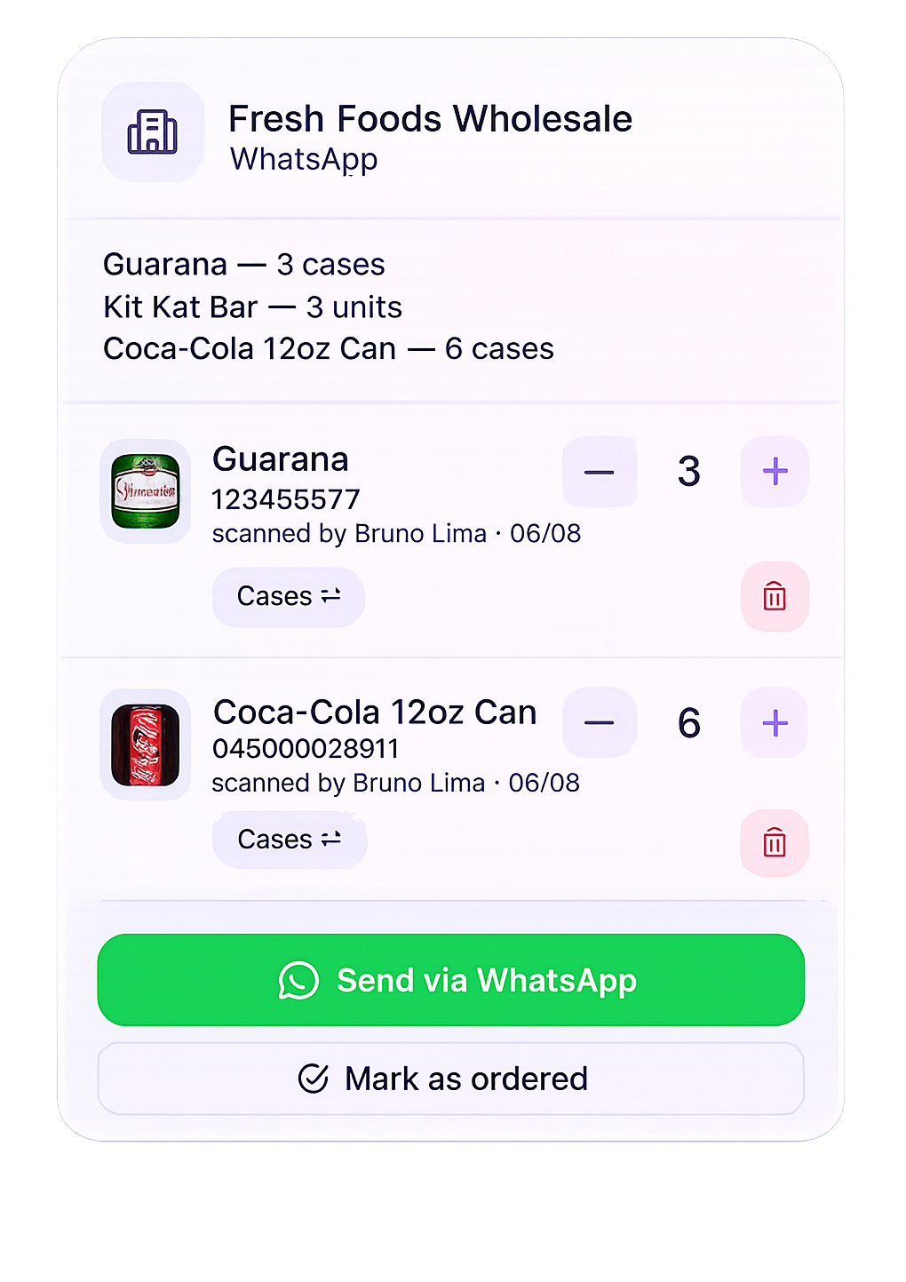 Supplier order summary for Fresh Foods Wholesale with a Send via WhatsApp button