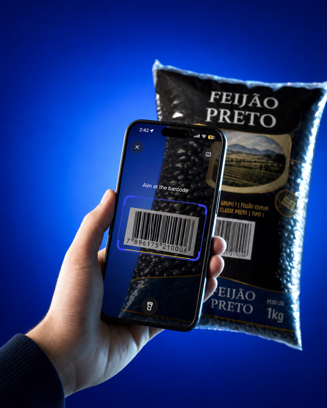 Scanning a barcode on a bag of black beans with the Estoqui app